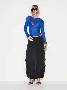 Top de manga larga con cuello redondo, con aplicaciones de lentejuelas y malla, para fiestas y clubes - Azul - Ver 4