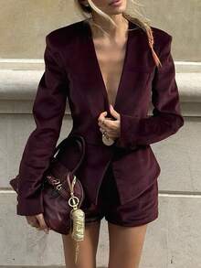 Siren Gaze Elegant Chic Burgundy Velvet Long Sleeve Blazer And Shorts Set,Autumn Outfits For Women,Night Out Office Siren Old Money Style Suit,Party&Wedding - Rust Brown - View 1