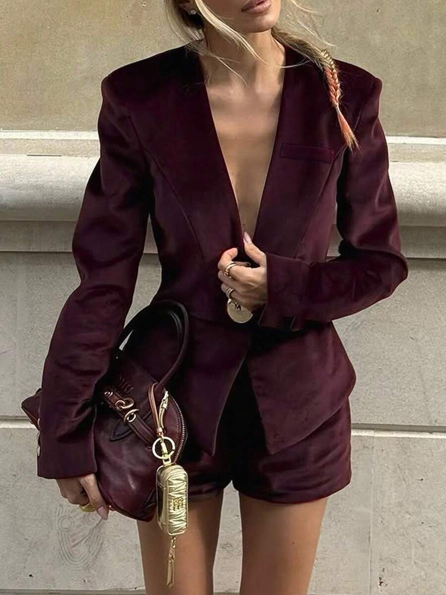 Siren Gaze Elegant Chic Burgundy Velvet Long Sleeve Blazer And Shorts Set,Autumn Outfits For Women,Night Out Office Siren Old Money Style Suit,Party&Wedding - Rust Brown - View 1