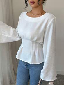 Rafferiza 女士秋冬时尚束腰衬衫，纯色休闲衬衫 - 米色 - 查看 7