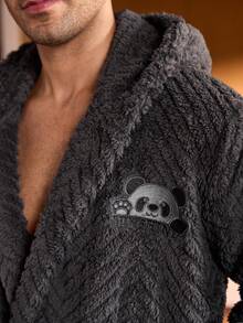 Manfinity Underwear&Sleepwear Basics 深灰色男士抓绒睡衣套装，包括睡袍和裤子，秋冬装，蓬松舒适 - 深灰色 - 查看 4