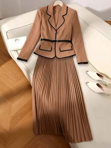 GlowEve Women's Elegant Khaki Jacket With Black Collar, Metal Decor, Faux Pockets, Long Sleeve, Fitted, Metal Belt Accent + Women's Elegant Khaki Skirt With Black Trim, Elastic Waist, Pleated, Fitted, Flared, Spring/Autumn - Khaki - View 1