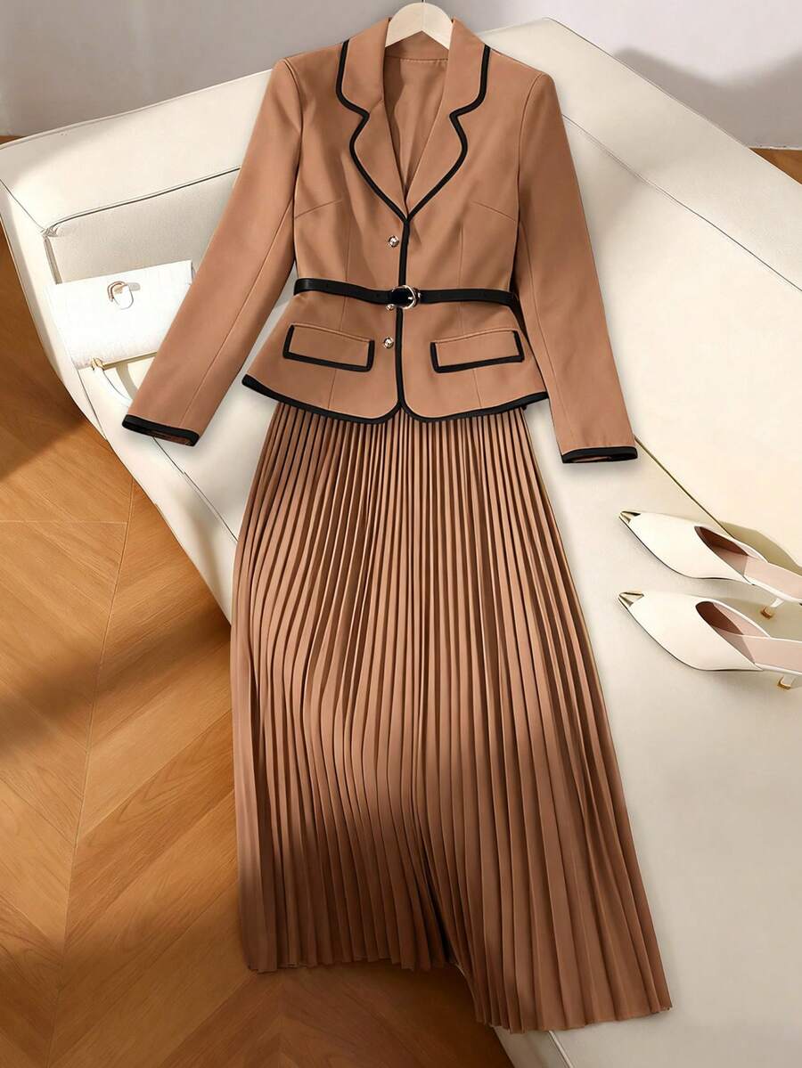 GlowEve Women's Elegant Khaki Jacket With Black Collar, Metal Decor, Faux Pockets, Long Sleeve, Fitted, Metal Belt Accent + Women's Elegant Khaki Skirt With Black Trim, Elastic Waist, Pleated, Fitted, Flared, Spring/Autumn - Khaki - View 1