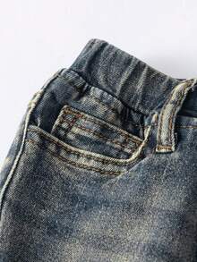 Baby Boy Fall Casual Fashionable All-Match Distressed Washed Vintage Dark Blue Elastic Denim Jeans - Dark Wash - View 5