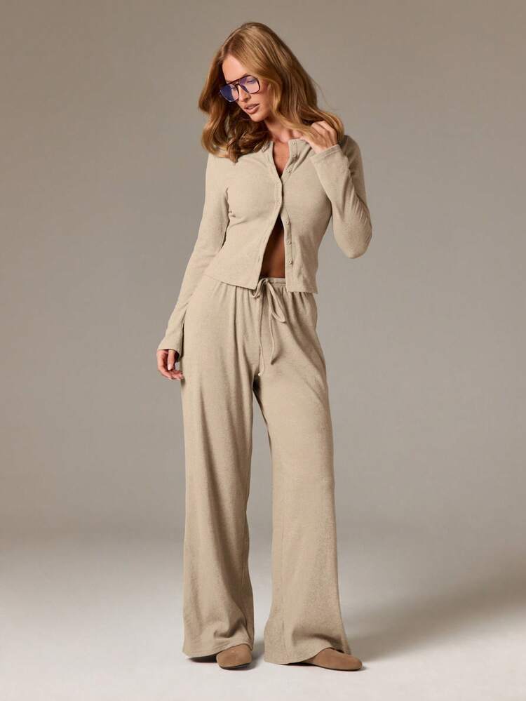 Ribbed Cardigan And Wide Leg Pants Set