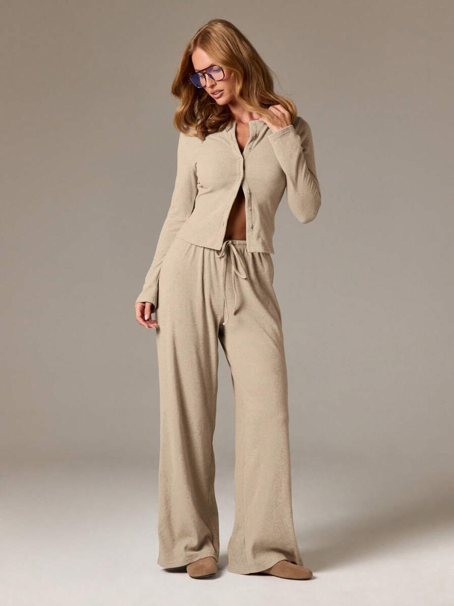 AiiRZ 罗纹针织两件套长袖开衫阔腿裤家居服秋冬休闲装 - 杏色 - 查看 1