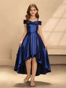 Tween Girls' Elegant Navy Blue Winter Formal Wedding Guest Satin Dress,Off Shoulder Sleeveless Waist-Cinched High Low Hem Prom Birthday Party Gown - Blue - View 1