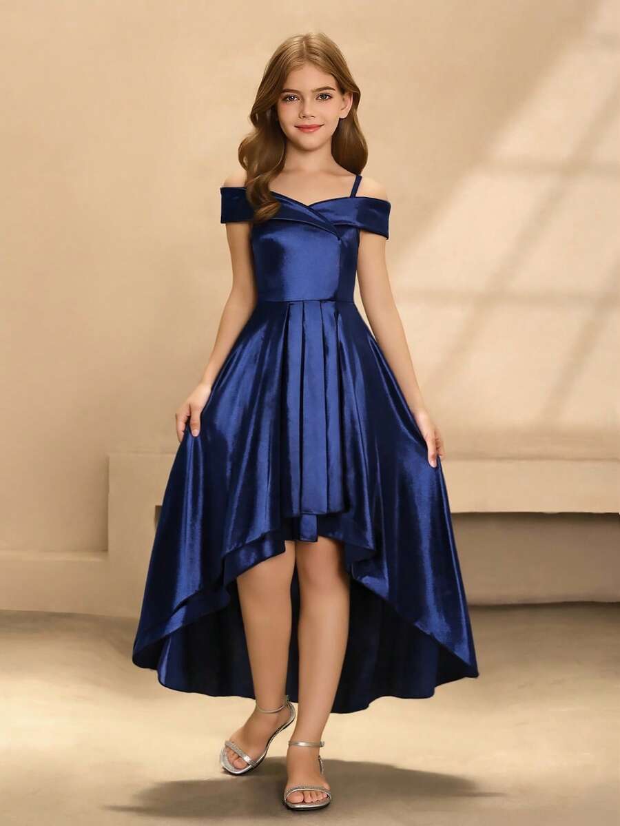 Tween Girls' Elegant Navy Blue Winter Formal Wedding Guest Satin Dress,Off Shoulder Sleeveless Waist-Cinched High Low Hem Prom Birthday Party Gown - Blue - View 1