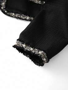 GlowEve CURVE 大码女式两件套：优雅黑色撞色珍珠串珠饰边 V 领长袖开衫夹克和圆领珍珠缀饰长裙，适合秋冬休闲、工作、派对 - 黑色 - 查看 6