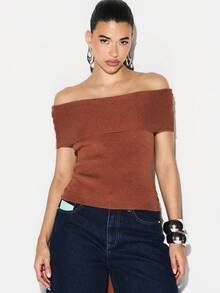 KIZN Off Shoulder Tie Back Ribbed Knit Top Bardot Style Fall Winter Casual Blouse - Camel - View 4