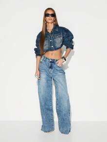 KIZN 短款牛仔夹克，毛边下摆，做旧纽扣前襟，经典领口 - 寶藍色 - 查看 3