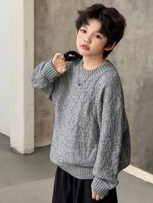DAZY Tween Boys Grey Knitwear Pullover Sweater Regular Length Round Neck Drop Shoulder Long Sleeve Plain Design - Grey - View 6