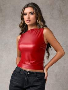 SHEIN BAE 女士纯色修身通勤吊带背心 - 紅色 - 查看 6