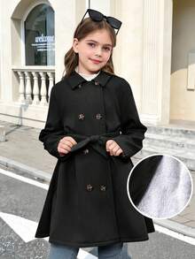 SHEIN Serisse Kids 青少年女孩纯色简约长款翻领外套，适合秋冬季日常穿着、休闲场合和返校季，保暖效果佳 - 黑色 - 查看 8