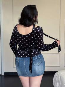 Flirla Women's Plus Size Long Sleeve Velvet Polka Dot Patchwork Lace T-Shirt - Black - View 2