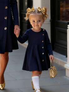 SHEIN 女婴可爱简约海军蓝纽扣长袖连衣裙，秋冬季 - 藏蓝色 - 查看 7