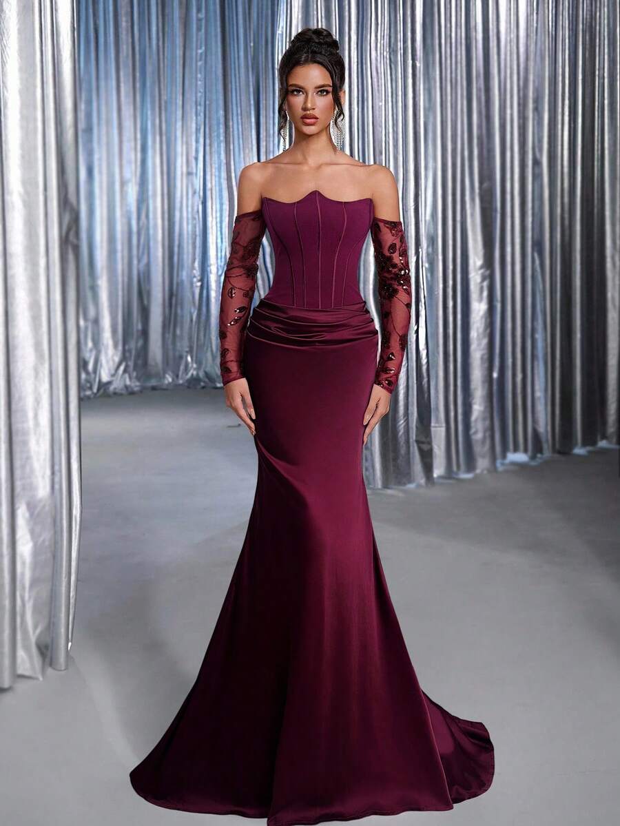 Glamrae Elegant Pink Strapless Asymmetric Neckline(Detachable)Luxurious Mesh Sequin Long Sleeve Ruched Satin Mermaid Tail Gown For Wedding Evening Party - Burgundy - View 1