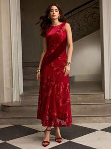 ZEYLAH Váy nhung jacquard chắp vá bất đối xứng, thắt eo thanh lịch, Thu/Đông - Màu Đỏ Sâu - Xem 4