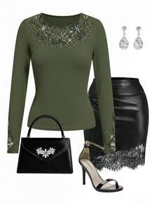 SHEIN Clasi 女式优雅罗纹修身T恤，领口和袖口饰有蕾丝花边 - 軍綠色 - 查看 6