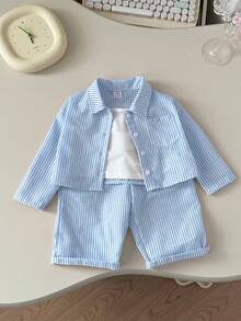 3 件套女婴条纹衬衫、松紧腰裤和吊带背心，春夏 - 藍色 - 查看 7