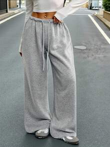 SHEIN PETITE Women's Casual Front Tie Waist Loose Sweatpants, Suitable For Autumn/Winter, Everyday Wear And Back To School - Grey - View 10