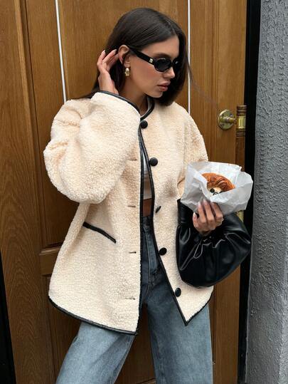 Aloruh 女式圆领撞色边米色前开长袖夹克