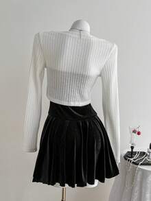 Elamini Bộ đồ hai mảnh váy ngắn chữ A hở lưng phối ren nơ nhung đen kèm áo khoác cardigan dệt kim ngắn hai mảnh, thời trang thu đông cho nữ, phong cách tối giản, đa năng, thanh lịch, cổ điển, trang phục thường ngày cho tiệc tùng - màu đen - Xem 2