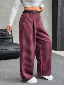 SHEIN EZwear Plus Size Solid Color Button Closure Casual Wide Leg Pants With Belt In Fall/Winter - Burgundy - View 4