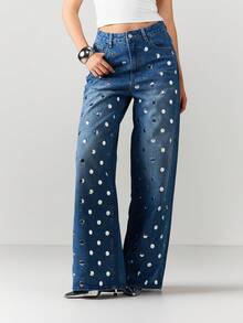 MISSGUIDED Wide Leg Studded Denim Jeans With Metal Studs And Polka Dot Details For Festival Style - Blue - View 3