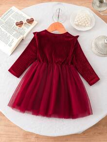 SHEIN 婴幼儿女童酒红色天鹅绒荷叶边领蝴蝶结薄纱长袖连衣裙，可爱优雅，适合休闲、节日、派对 - 酒紅色 - 查看 2