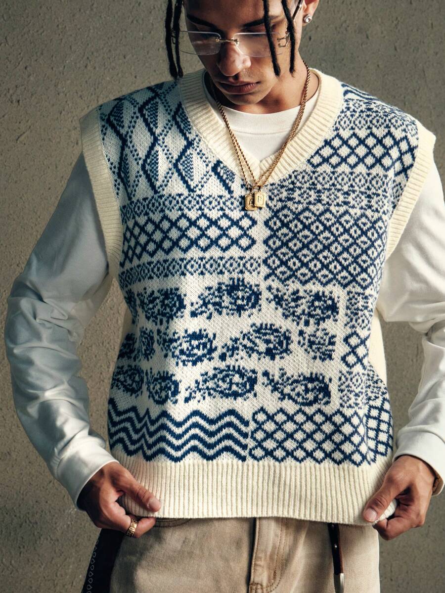 AXEPEAK 男士休闲度假风格拼布图案V领宽松针织毛衣背心，秋季 - 米色 - 查看 1