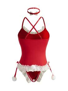 2件套圣诞褶饰蕾丝蝴蝶结露背性感开裆紧身衣内衣套装