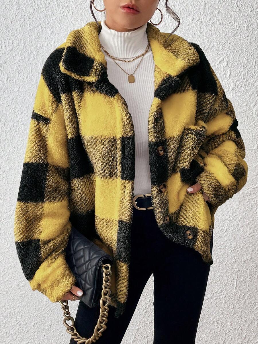 INAWLY 女式黄色格子短款时尚百搭保暖冬季常规夹克