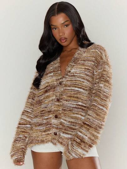 MUSERA Oversized strukturierter Cardigan, lässiger Streifenstrick für Flughäfen, Urlaub, oversized V-Ausschnitt Oberteile für Abendpartys, eleganter Winter-Pullover für den Frühling