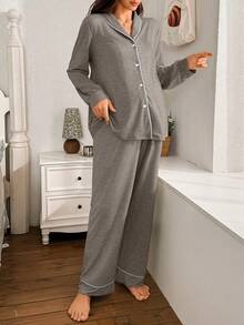 Moonlight&Mama Moonlight & Mama 女士撞色滚边领长袖上衣和裤子宽松舒适两件套睡衣，冬季 - 摩卡棕 - 查看 3