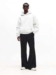 SUMWON 高级纹理宽松喇叭裤，褶裥设计，抽绳腰带，休闲舒适纯色运动裤 - 黑色 - 查看 3