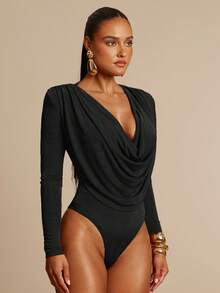 Silquee Bộ đồ liền thân dài tay màu xanh ô liu hở cổ khoét sâu, đệm vai, nhún bèo gợi cảm, thanh lịch dành cho nữ, thích hợp cho các buổi hẹn hò, đi chơi, đám cưới và tiệc tùng, mùa xuân/thu - màu đen - Xem 7