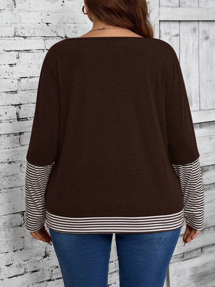 Plus Size Women Contrast Stripe Crew Neck Loose Casual Long Sleeve T-Shirt,Fall Winter Cozy Country Style Country Concert