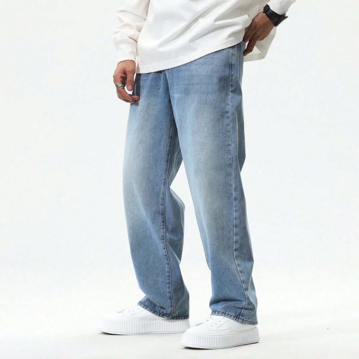 Jeans casuales versátiles de pierna ancha y bolsillos con ajuste holgado para hombres