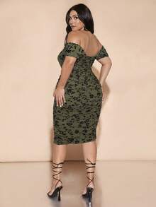 SHEIN BAE Plus Size Olive Green Summer Elegant Women Off Shoulder Ruched Midi Dress, Floral All-Over Print Flocked Wedding Guest Birthday Party Clothes - Army Green - View 2