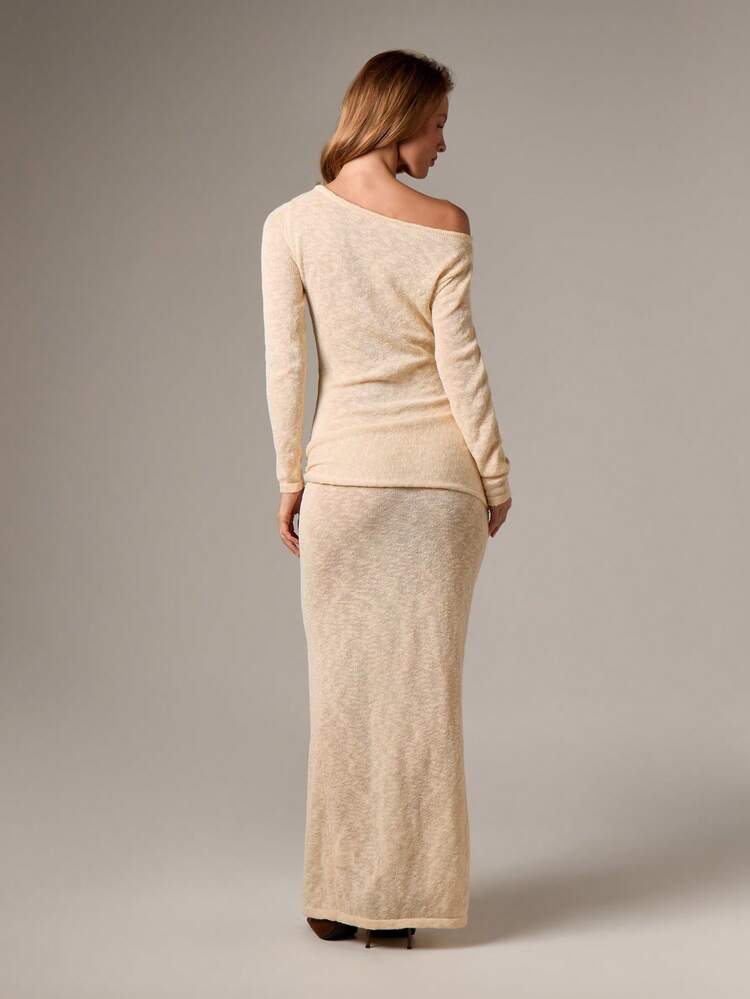 Off Shoulder Maxi Sweater Dress With Waist Tie