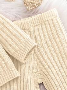 2 件套女婴毛衣套装，荷叶边肩部设计，罗纹针织上衣，搭配棕色喇叭裤，可爱甜美的休闲装，适合秋冬 - 杏色 - 查看 3