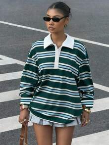 Muchica 女士休闲 2025 新款苔绿色条纹长袖 T 恤、刺绣骏马 Polo 衫、复古秋/春上衣 - 彩色 - 查看 3