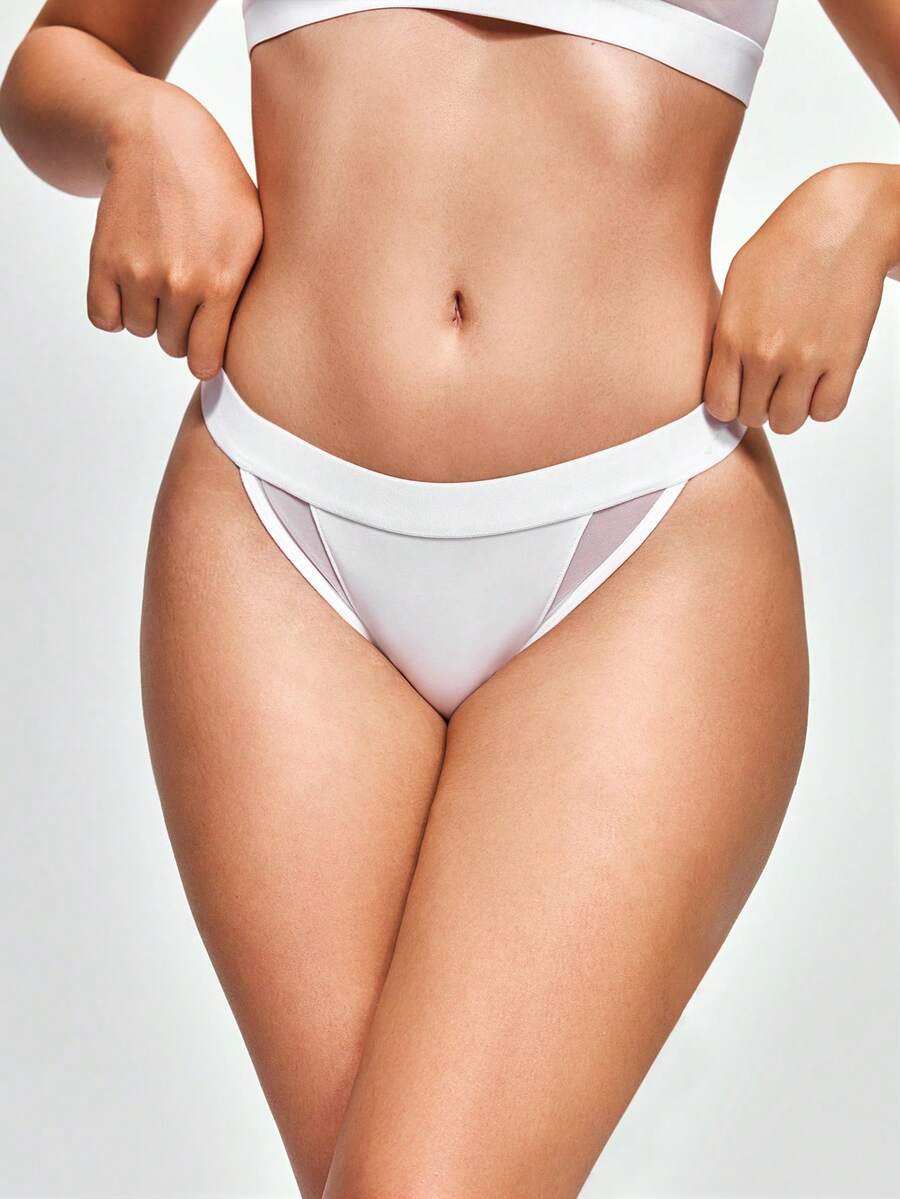 SHAPORA Women's Solid Color Mesh Splice Crotch Sexy Thong Panties - White - View 1