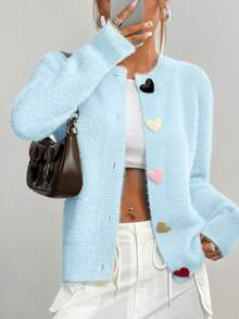SHEIN Unity Cárdigan de punto casual con botones en forma de corazón de colores, de manga larga, para otoño/invierno - Azul - Ver 4