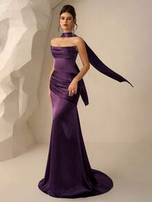 Coutiva Váy dạ hội trang trọng xếp ly màu trơn thanh lịch dành cho nữ (được trang trí nhiều chi tiết) - Màu tím - Xem 7