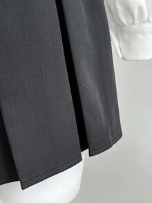 Elamini 女士商务休闲撞色拼布褶皱长袖衬衫裙，时尚秋季服装