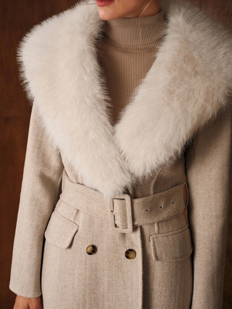 WOOL HERRINGBONE PATTERN COLLAR SHORT SINGLE-BREASTED COAT