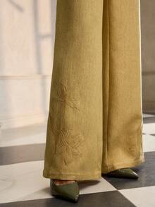 ZEYLAH Pantalones anchos con bolsillo bordado con flores elegantes y de moda para mujeres - Amarillo - Ver 5