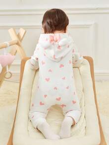 SHEIN Baby Girl 1pc Heart Print 3D Ear Detail Hooded Jumpsuit - Multicolor - View 11